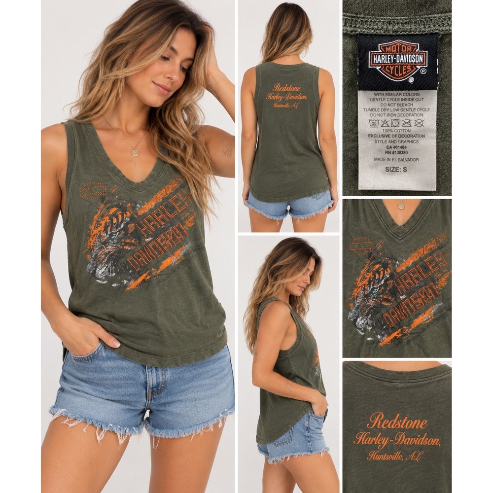 Harley-Davidson Women Small Green Rhinestone Graphic Tank Top Redstone AL